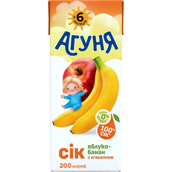Сік Агуня Яблуко-Банан з м'якоттю, 200 мл - Pampik