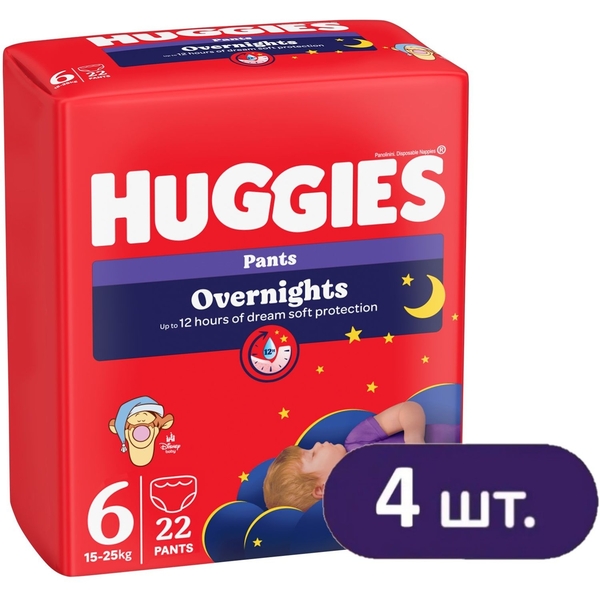 Підгузки-трусики Huggies Overnight 6 (15-25 кг), 88 шт. (4 уп. по 22 шт.) - Pampik