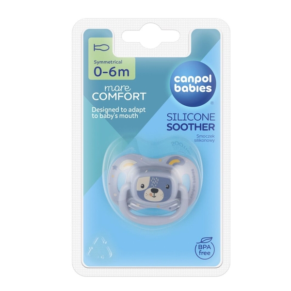 Силиконовая симметричная пустышка Canpol babies Cute Animals, 0-6 мес., голубой (34/924_blu) - Pampik