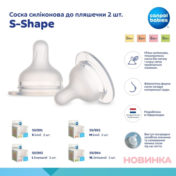 Соска силіконова до пляшечки Canpol babies S-Shape S, міні, 2 шт. (59/891) - Pampik - 6