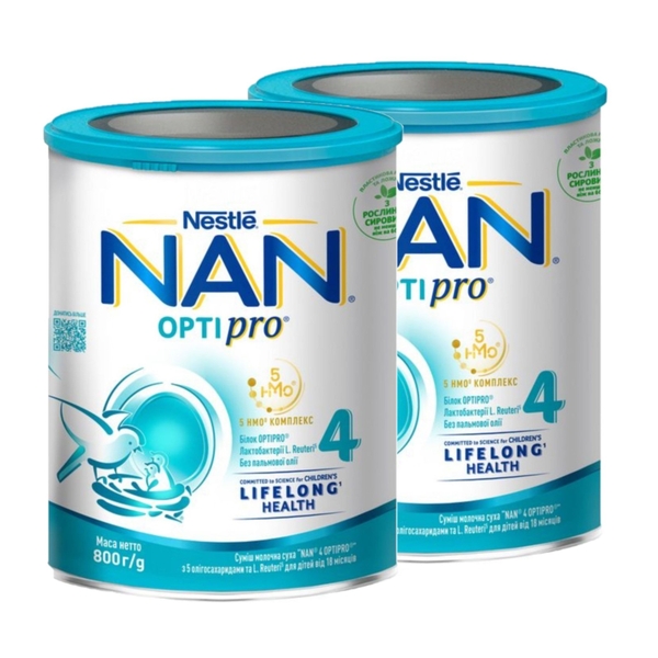Суха молочна суміш NAN 4 OPTIPRO з 5 олігосахаридами та L. Reuteri для дітей від 18 місяців, 1600 г (2 уп. по 800 г) - Pampik