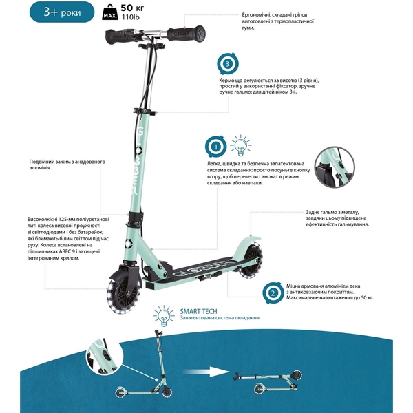 Самокат Globber Flow Element Junior Lights, чорно-бірюзовий (729-105) - Pampik - 8