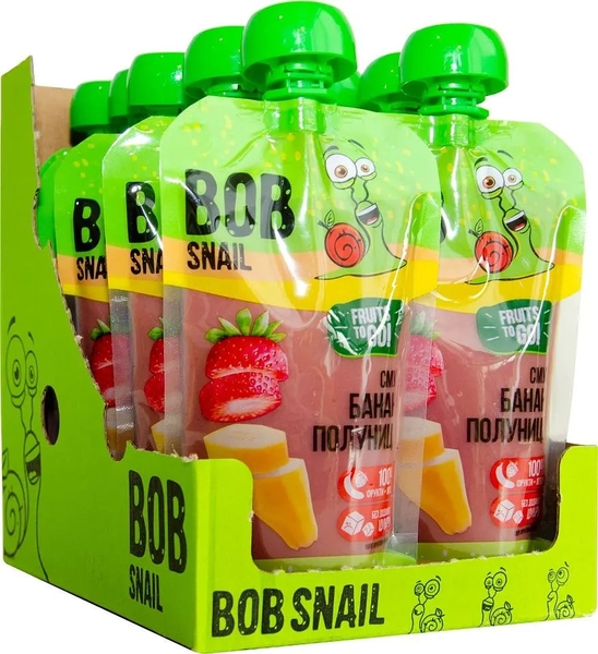 Пюре фруктове Bob Snail Смузі Банан-Полуниця, пастеризоване, 1.2 кг (10 шт. по 120 г) - Pampik