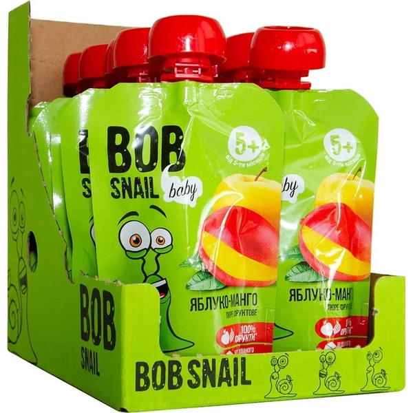 Пюре фруктове Bob Snail Яблуко-Манго, пастеризоване, 900 г (10 шт. по 90 г) - Pampik