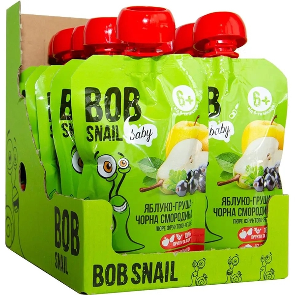 Пюре фруктове Bob Snail Яблуко-груша-чорна смородина, гомогенізоване, 900 г (10 шт. по 90 г) - Pampik