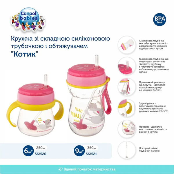 Чашка із силіконовою трубочкою і обтяжувачем Canpol Babies Котик, 350 мл, рожевий (56/521) - Pampik - 10