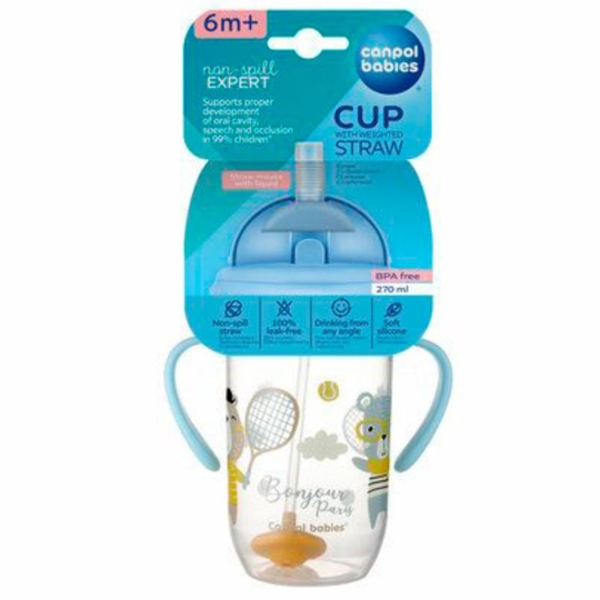 Чашка непроливайка з трубочкою та обважувачем Canpol Babies Bonjour Paris, 270 мл, блакитний (56/607_blu) - Pampik - 5
