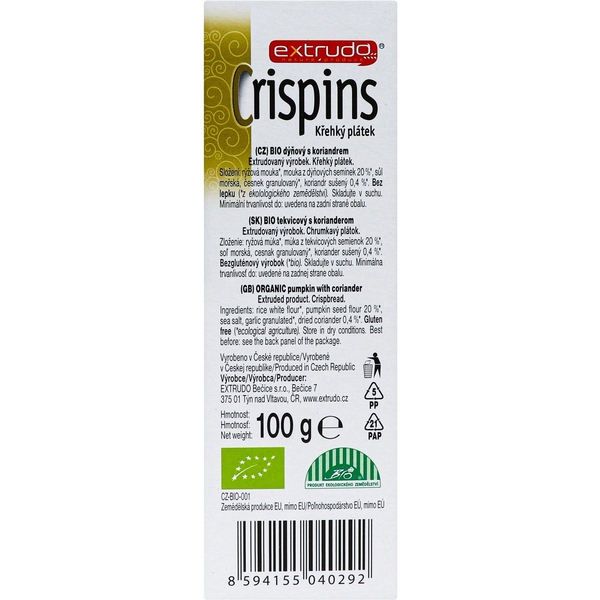 Органічні хлібці Extrudo Crispins з гарбузом, коріандром та часником, 100 г - Pampik - 3