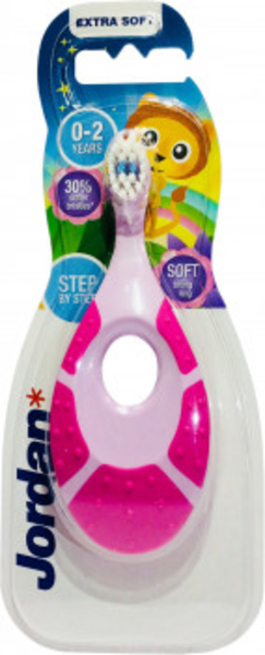 Дитяча зубна щітка Jordan Step By Step, 0-2 роки, екстрам'яка, світло-рожевий з малиновим (6220100) - Pampik