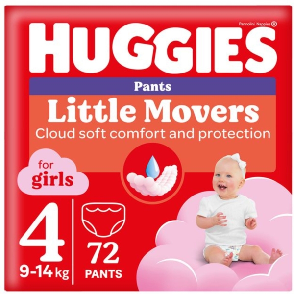 Підгузки-трусики для дівчаток Huggies Little Movers Pants 4( 9-14 кг), 72 шт. (2 уп. по 36 шт.) - Pampik