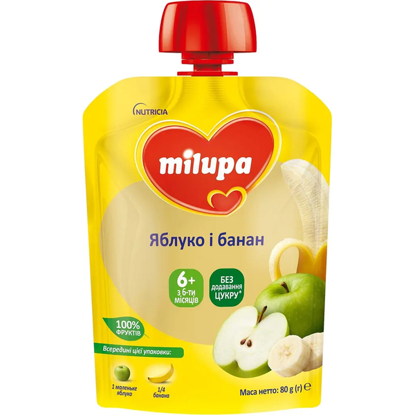 Фруктове пюре Milupa Pouch Яблуко і банан, 80 г - Pampik