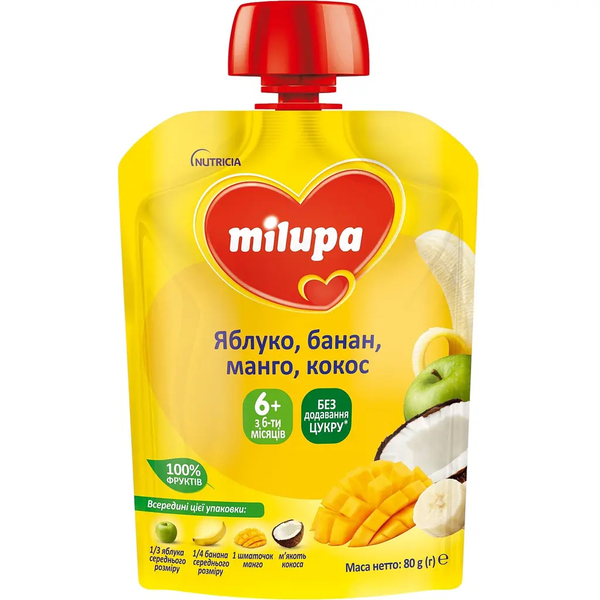 Фруктовое пюре Milupa Pouch Яблоко, банан, манго и кокос, 80 г - Pampik