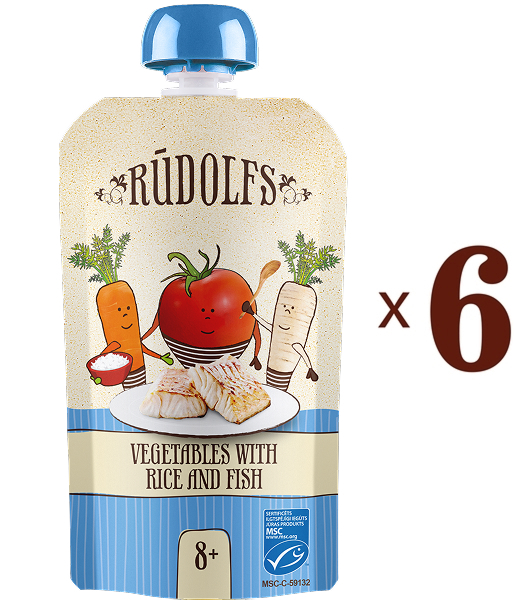 Набір овочевих пюре Rudolfs Pouch Овочі з рисом та атлантичною тріскою, 660 г (6 уп. по 110 г) - Pampik