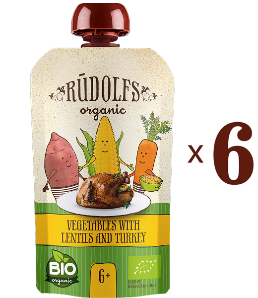 Набор пюре Rudolfs Pouch Овощи с чечевицей и индейкой, 660 г (6 уп. по 110 г) - Pampik