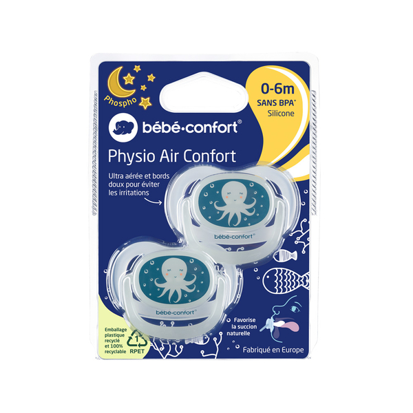 Пустышка силиконовая Bebe Confort Physio Air Blue Octopus, светящаяся в темноте, анатомическая, 0-6 мес., 2 шт. (3104201940) - Pampik - 5