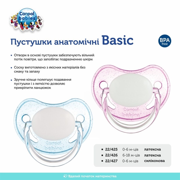 Латексна анатомічна пустушка Canpol babies Basic, 6-18 міс., блакитний (22/426 Синій) - Pampik - 2