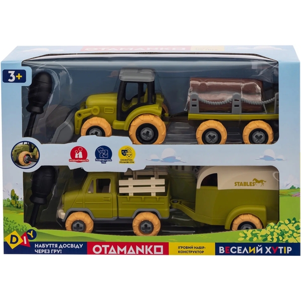 Игровой набор-конструктор OTAMANKO Веселый хутор: трактор з прицепом, грузовик с прицепом и конь (532.01.66) - Pampik - 3