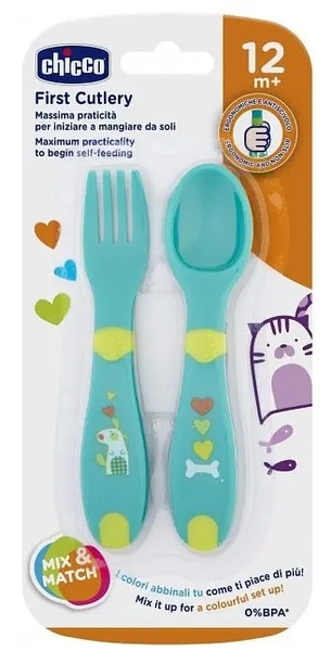 Набір столових приборів Chicco First Cutlery, ложка і виделка, 12+ міс., зелений (16101.30) - Pampik - 2