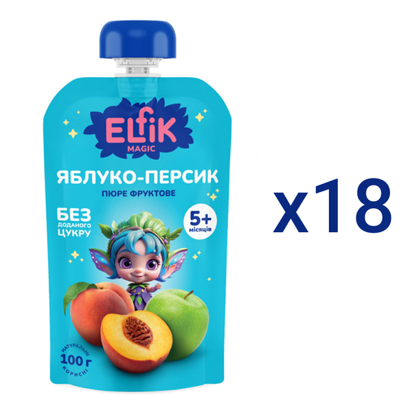Пюре Elfik Magic Яблуко-Персик, 1800 г (18 шт. по 100 г) - Pampik