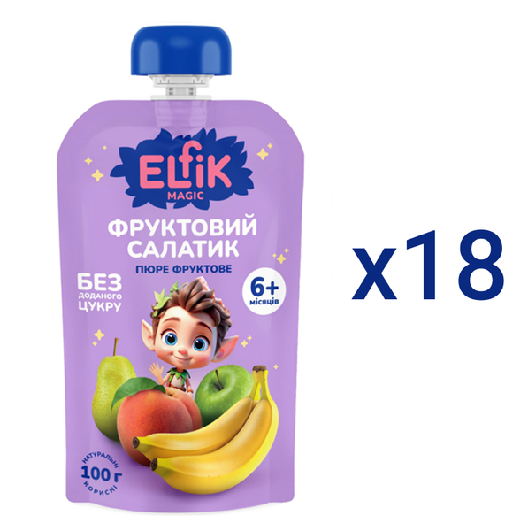 Пюре Elfik Magic Фруктовий салатик з яблук, груш, персиків та бананів, 1800 г (18 шт. по 100 г) - Pampik