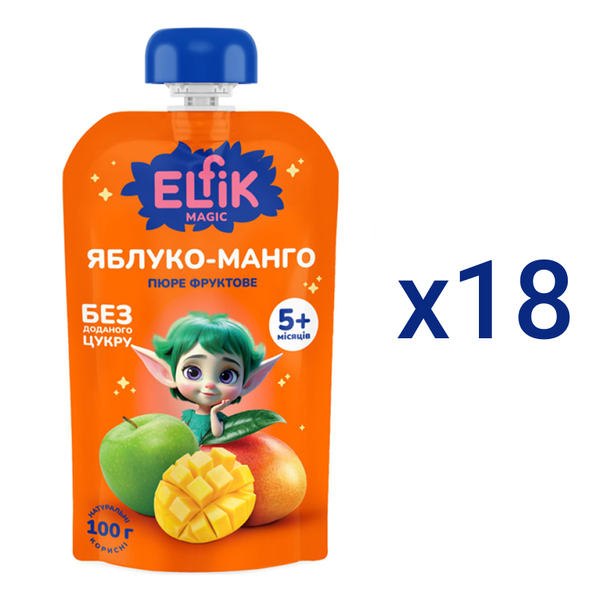 Пюре Elfik Magic Яблоко-Манго, 1800 г (18 шт. по 100 г) - Pampik
