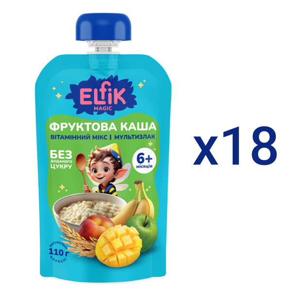 Фруктова каша Elfik Magic Вітамінний мікс з яблук, мультизлакової каші, персиків, бананів та манго, 1980 г (18 шт. по 110 г) - Pampik