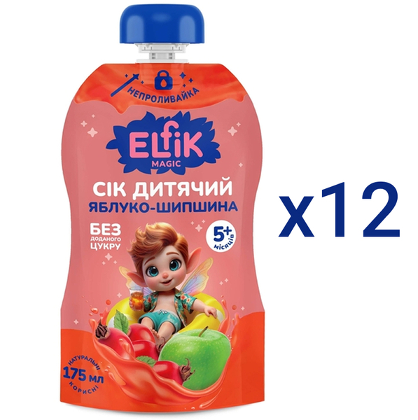 Сік дитячий Elfik Magic Яблуко-Шипшина, 2100 мл (12 шт. по 175 мл) - Pampik