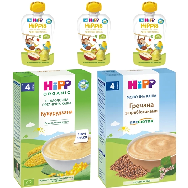 Набір дитячого харчування: Молочна каша HiPP Гречана, 250 г + Безмолочна каша HiPP Кукурудзяна, 250 г + Органічне фруктове пюре HIPP HiPPiS Pouch Яблуко-груша-банан, 100 г, 3 шт. - Pampik