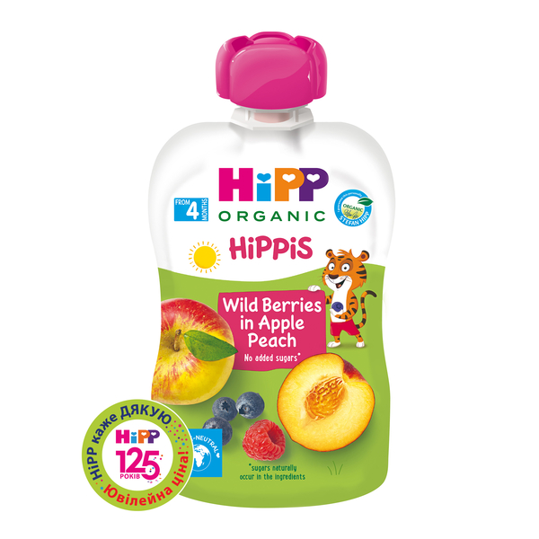 Органічне фруктове пюре HiPP HiPPiS Pouch Яблуко-персик-чорниця-малина, 100 г - Pampik