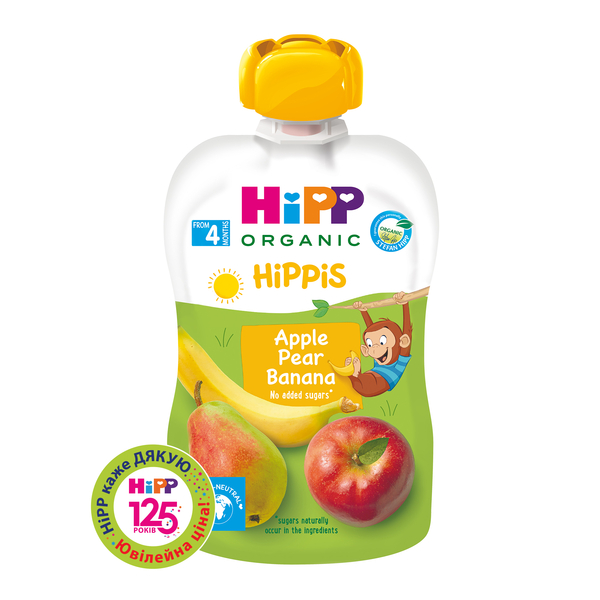 Органічне фруктове пюре HiPP HiPPiS Pouch Яблуко-груша-банан, 100 г - Pampik