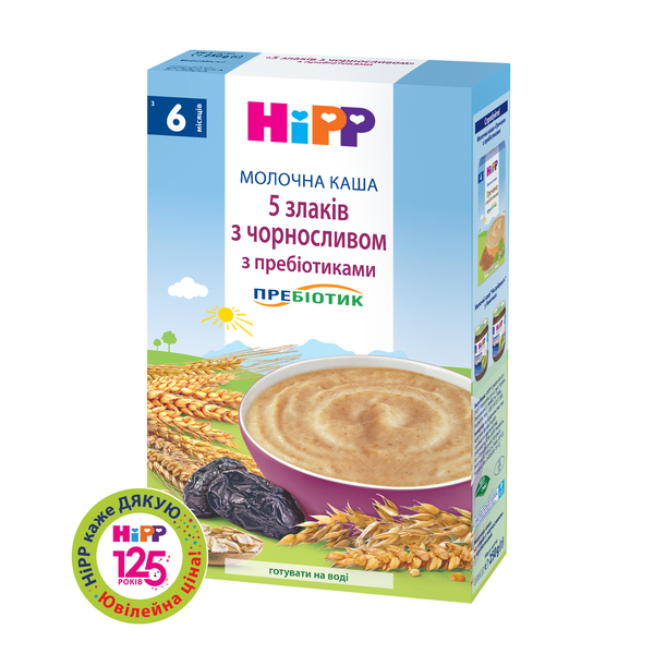 Молочна каша HiPP 5 злаків із чорносливом із пребіотиками, 250 г - Pampik