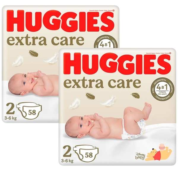 Набір підгузків на липучках Huggies Extra Care 2 (3-6 кг), 116 шт. (2 уп. по 58 шт.) - Pampik