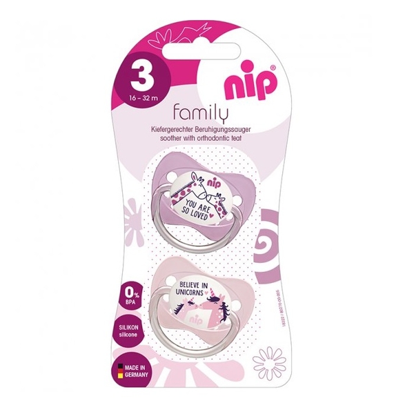 Пустышка силиконовая Nip Моя семья № 3, ортодонтическая, 16-32 мес., 2 шт., розовый с светло-розовым (31005) - Pampik