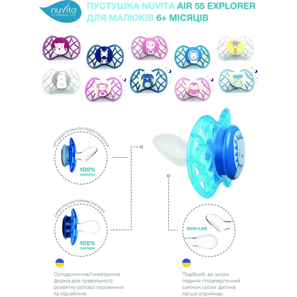 Силіконова симетрична пустушка Nuvita Air55 Explorer Кіт та Панда, 6-12 міс., 2 шт. (NV7087F) - Pampik - 5