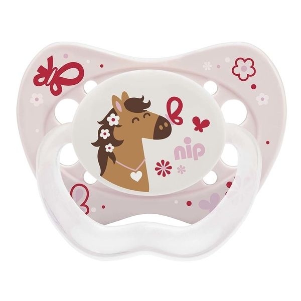 Силиконовая пустышка Nip Замечательная жизнь №3 Панда и Лошадка, ортодонтическая, 16-32 мес., 2 шт., фиолетовый с розовым (31303) - Pampik - 2