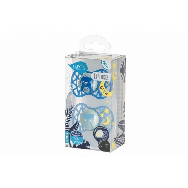 Силіконова симетрична пустушка Nuvita Air55 Explorer Собачка та Лисиця, світиться у темряві, 6-12 міс., 2 шт. (NV7087GM) - Pampik - 3
