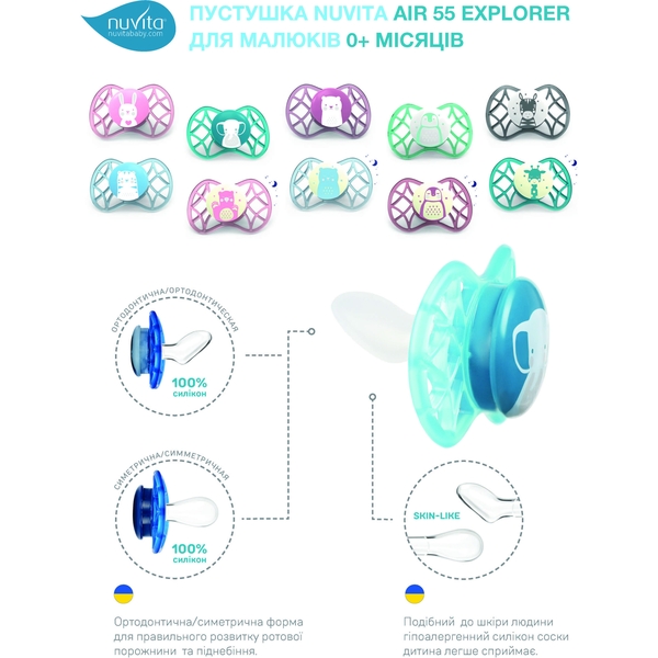 Силіконова ортодонтична пустушка Nuvita Air55 Explorer Тигр та Слон, 0+ міс., 2 шт. (NV7066M) - Pampik - 7