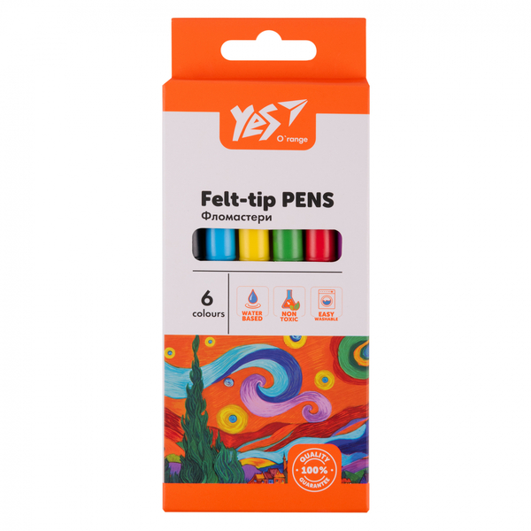 Фломастери YES Orange Line, картонна упаковка, 6 кольорів (650543) - Pampik