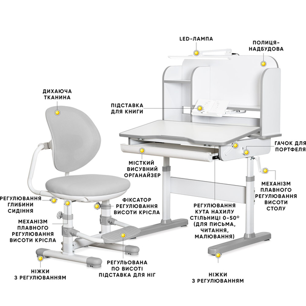 Комплект меблів (стіл + стільчик + полиця + лампа) Mealux Nemo Grey (арт. BD-38 G) - Pampik - 2