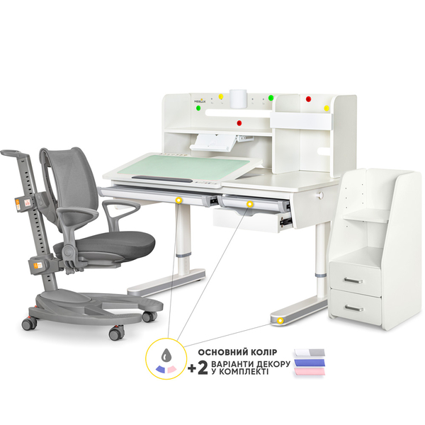 Комплект (L) Mealux Montreal 2 Grey (парта+кресло+тумба) (арт.BD-670_2WG+Полка+Y-1030+C-12 GREY) - Pampik