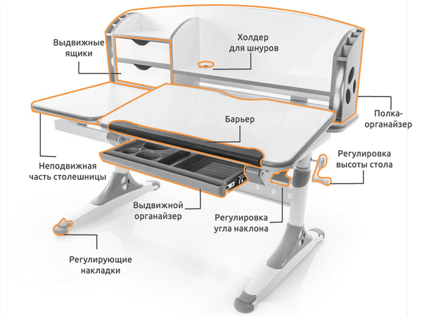 Стіл Evo-kids Aivengo (L) Gray (арт.Evo-720 WG) - стільниця біла / ніжки білі з сірим (коробок-2 шт.) - Pampik - 2