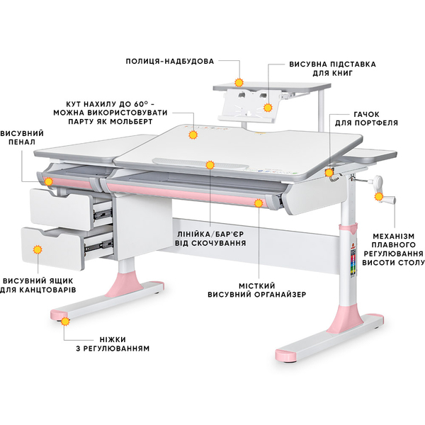 Дитячий стіл Mealux Hamilton Multicolor PN з полицею S-50 (арт. BD-680 W/G MC+PN+S50 WG) - Pampik - 2