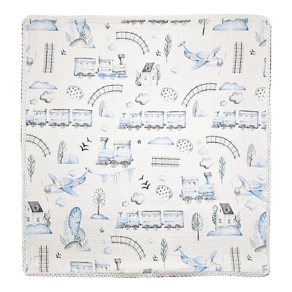 Пелюшка муслінова NL Baby Потяг, 80х80 см, біло-блакитний (37077) - Pampik - 3