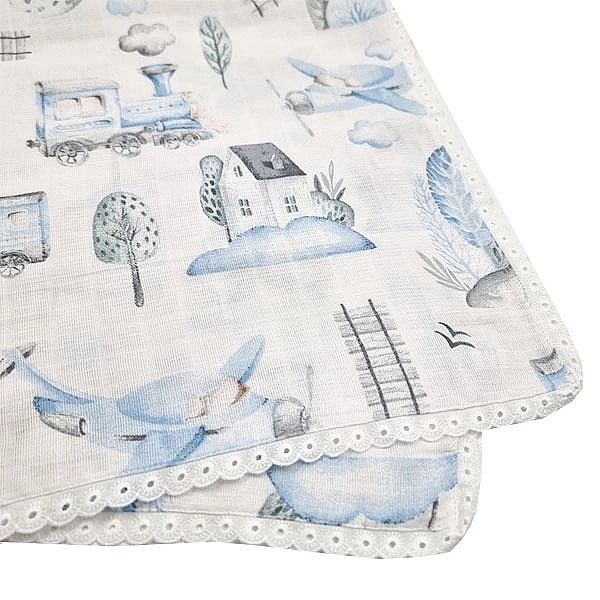 Пелюшка муслінова NL Baby Потяг, 80х80 см, біло-блакитний (37077) - Pampik - 5