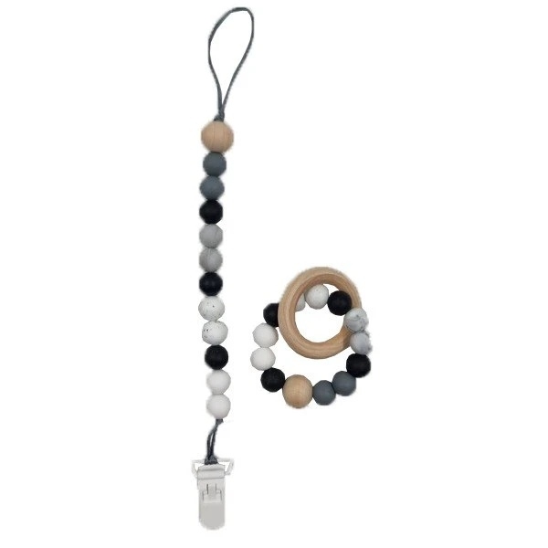 Набор NL Baby: держатель для пустышки и прорезыватель, силиконовый, бело-серый (0000/37849) - Pampik