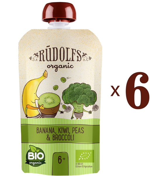 Набор пюре Rudolfs Pouch Смузи Банан, киви, брокколи с зеленым горошком, 660 г (6 уп. по 110 г) - Pampik