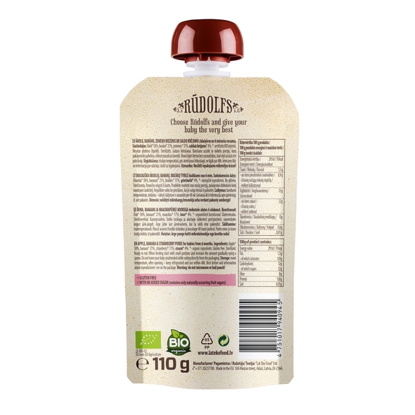 Пюре Rudolfs Pouch Смузи Яблоко, банан, клубника со сливками, 110 г - Pampik - 2