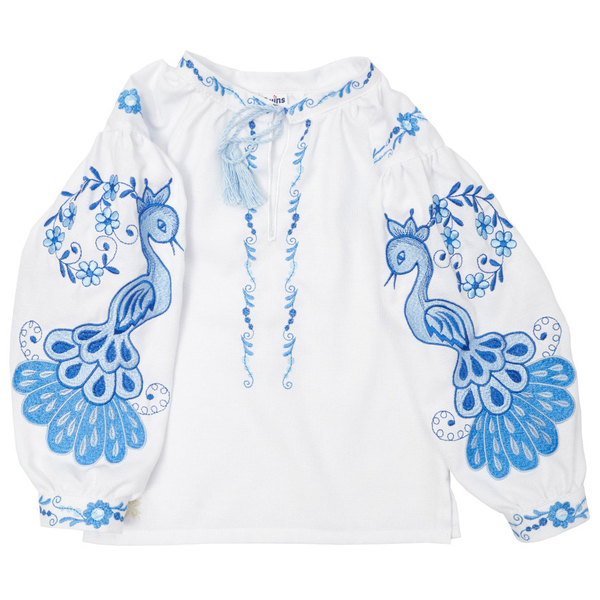 Вишиванка для дівчинки Twins Птаха, р.86, білий з синім (88OTEП-86-09) - Pampik