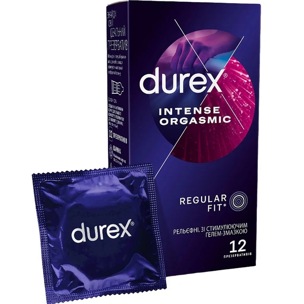 Презервативи латексні з силіконовим лубрикантом Durex Intense Orgasmic, рельєфні, зі стимулюючим гелем-змазкою, 12 шт. - Pampik