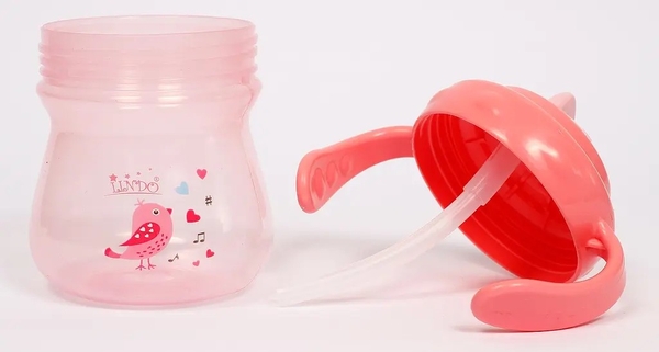 Поильник-непроливайка Lindo с ручками и силиконовой трубочкой, 6+ мес., 250 мл, коралловый (LI 708 розовый) - Pampik - 3